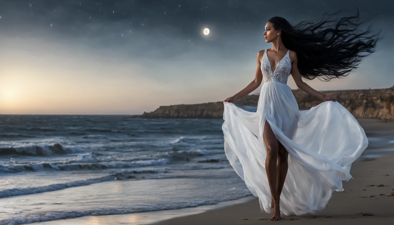 Hermosa mujer andaluza de pelo negro azabache, con la melena al viento , con vestido casi transparente, cabalga a lomos de un caballo blanco durante una luna llena a orillas de la playa, 8k, hiperrealista, detallado,vision angular, gran panoramica