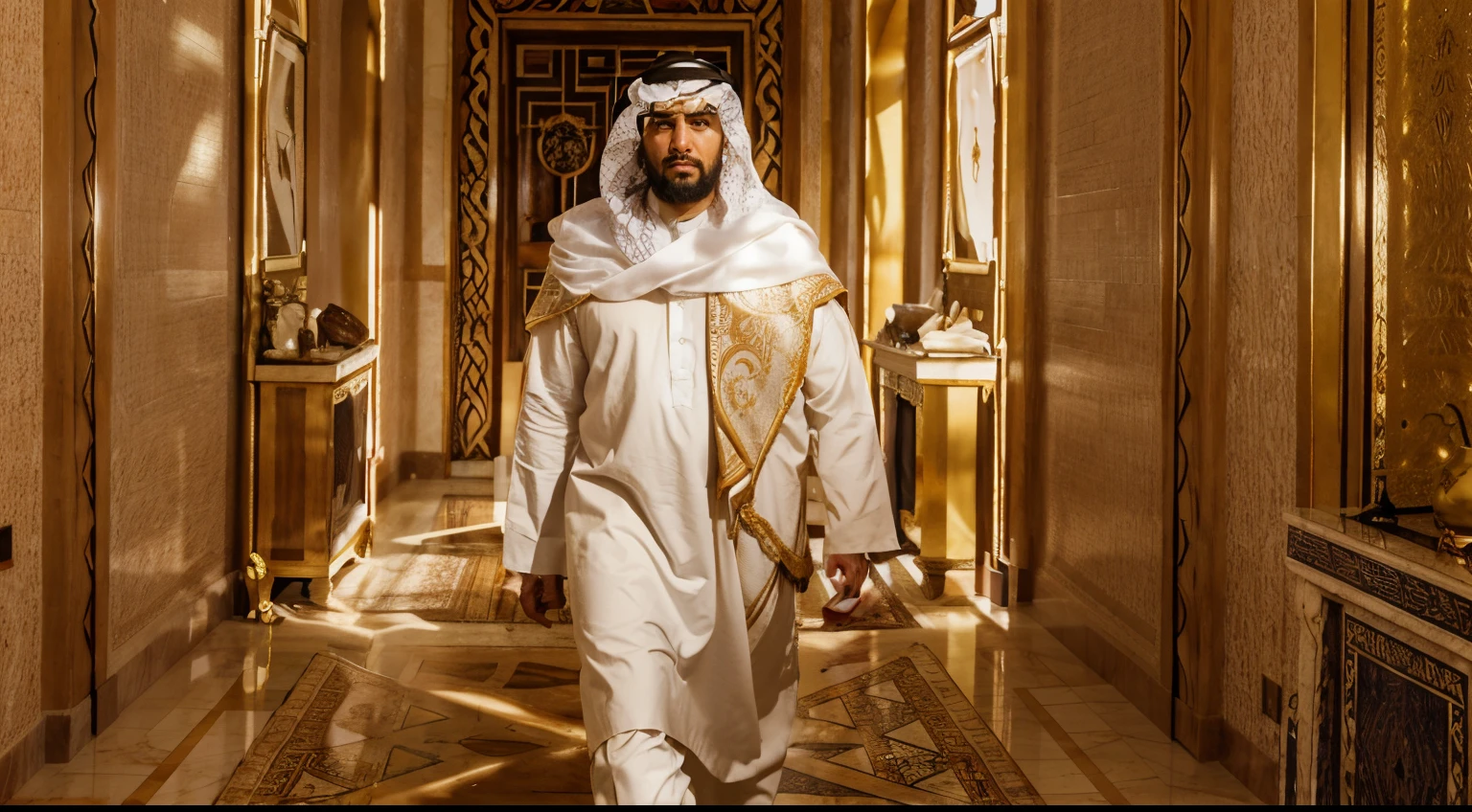 Araffe con un traje blanco y rosa caminando por un pasillo., jeque mohammad gobernante de dubai, jeque mohammed gobernante de dubai, haciendo alarde de su riqueza, majestuosa obra maestra, arab ameera al taweel, jeque, al amanecer, consejero delegado, Foto de tendencia, Febrero), Obra maestra, obra maestra', Foto de Instagram, inspirado por Sheikh Hamdullah, in his noble mansion