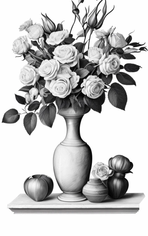 a drawing of a vase filled with rose flowers on a white background, detailed flowers, highly detailed sketch, highly detailed illustration, detailed and realistic, highly detailed drawing, hyper detailed line art, ultra - realistic and intricate, extremely detailed and realistic, highly detailed and realistic, black and white detailed sketch, black and whitehighly detailed, highly realistic and detailed