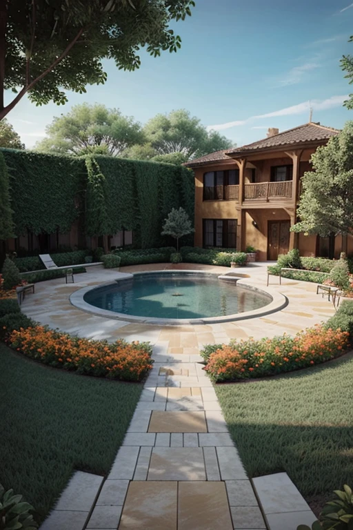 hand drawing plan of a landscape architecture rendering. the site should consist of a plaza, with a building, planters with trees, and a pool in the center. the house should be orange and not too fancy