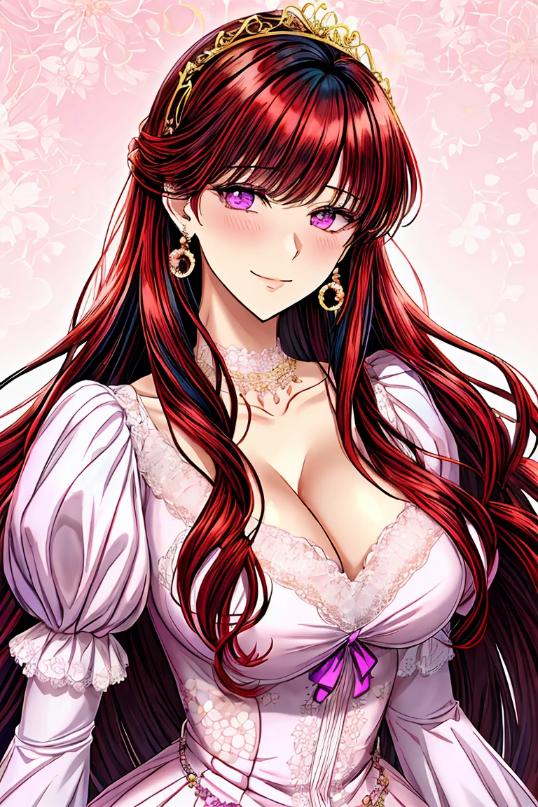 Kuroume_1024, ((shoujo-style, floral background, romance manhwa)), (1girl:1.2), solo, multicolored hair, inner color, red hair, black hair, solo, long hair, flower, dress, thick eyeblows, flower, straight hair, blaid, closed mouth, happy, smile, collarbone, breast, (cleavage), puffy sleeves, white dress, purple dress, elbow gloves, earrings, necklace, (tiara), jewelry, golden, lace trimmed, bow, beautiful face, detailed eyes, looking at viewer, all intricate