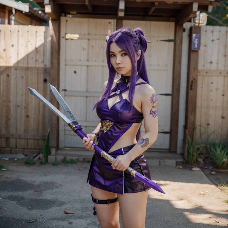 Game character girl with purple hair and a spear in her hands genshin impact