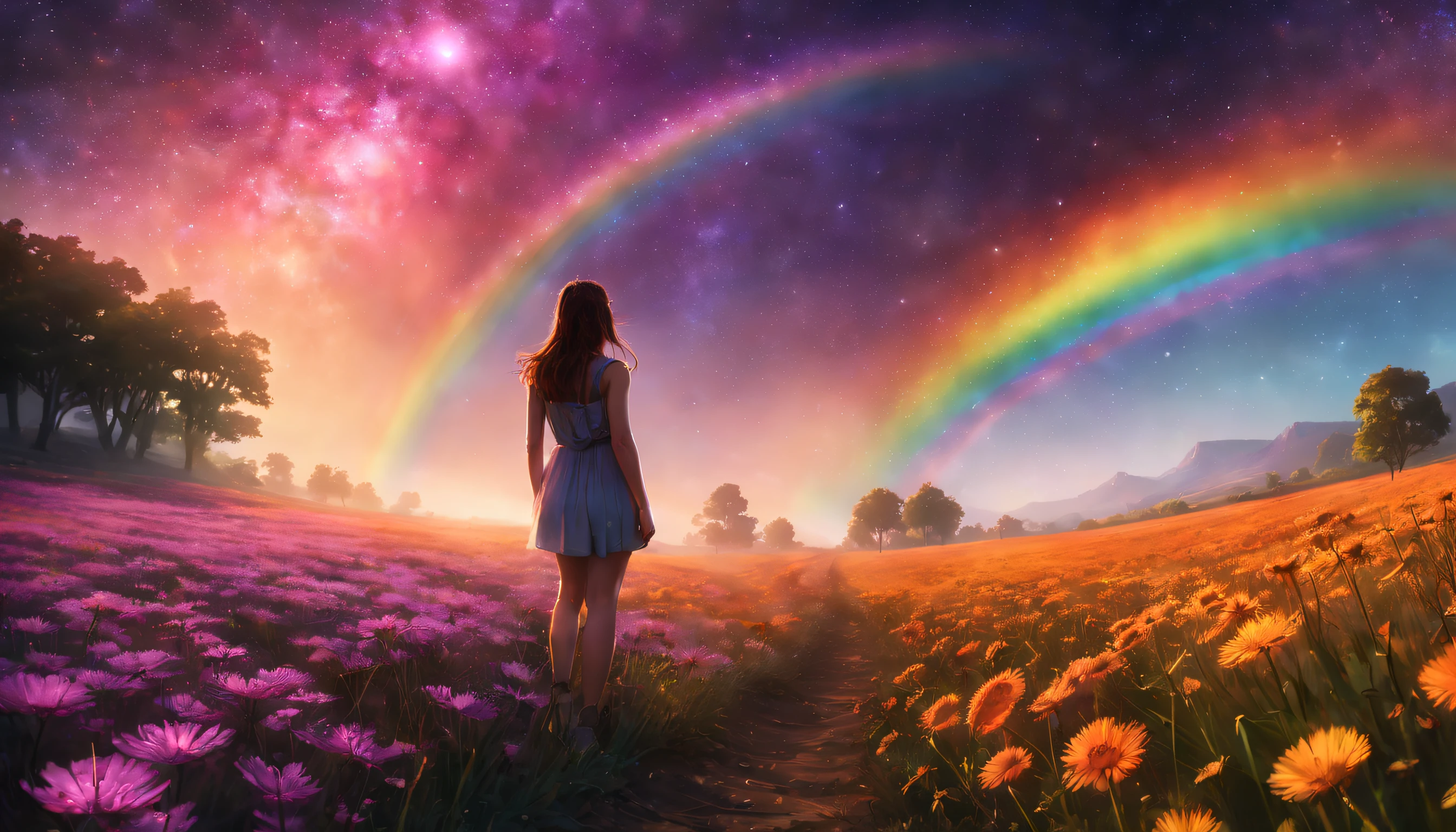 Vasta foto de paisagem, (vista de baixo, The sky  above and the open field  below), a girl standing on a flower field looking up, (lua cheia: 1.2), (meteoro: 0.9), (nebulosa: 1.3), montanhas distantes, Árvores BREAK Crafting Art, (Luz Quente: 1.2), (Vagalumes: 1.2), Luzes, Muito Roxo e Laranja, Detalhes Intrincados, volumeric lighting, Realismo BREAK (Obra-prima: 1.2), (melhor qualidade), 4k, ultra-detalhado, (dynamic compositing: 1.4), detalhes muito detalhados e coloridos, (rainbow colors: 1.2), (bright illumination, Atmospheric Illumination), sonhador, magica, (solo: 1.2)