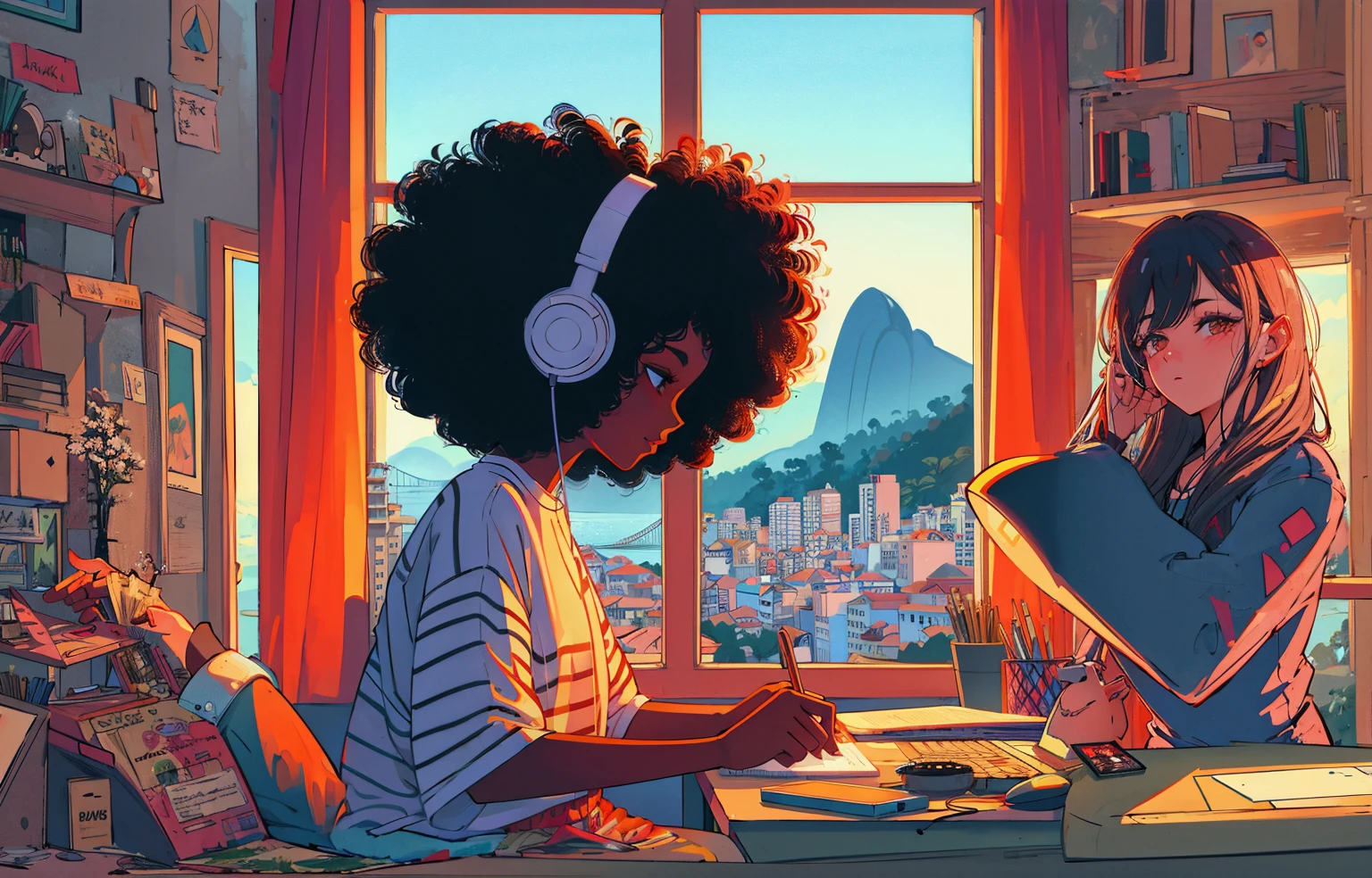 illustration of a woman sitting at a desk with a laptop and headphones, Arte Lofi, menina lofi, Elogio Artstyle, em estilo de atey ghailan, Jen Bartel, inspirado em Cyril Rolando, No estilo de Cyril Rolando, illustration style, Directed by: Atey Ghailan, Estilo de Alena Aenami, stunning digital illustration