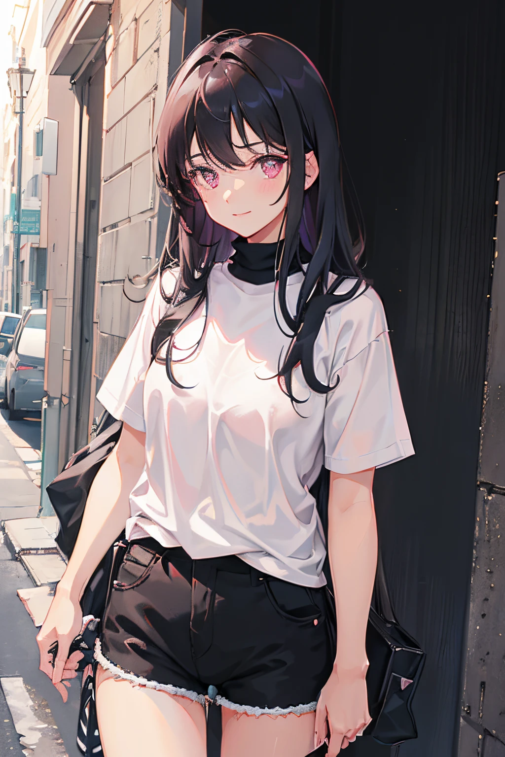 1girl, medium breasts, kuudere, light smile, no blush, dark grey hair, messy hair, long hair, pink eyes, black turtleneck under a white short sleeve shirt, black shorts, cowboy shot, detailed eyes,