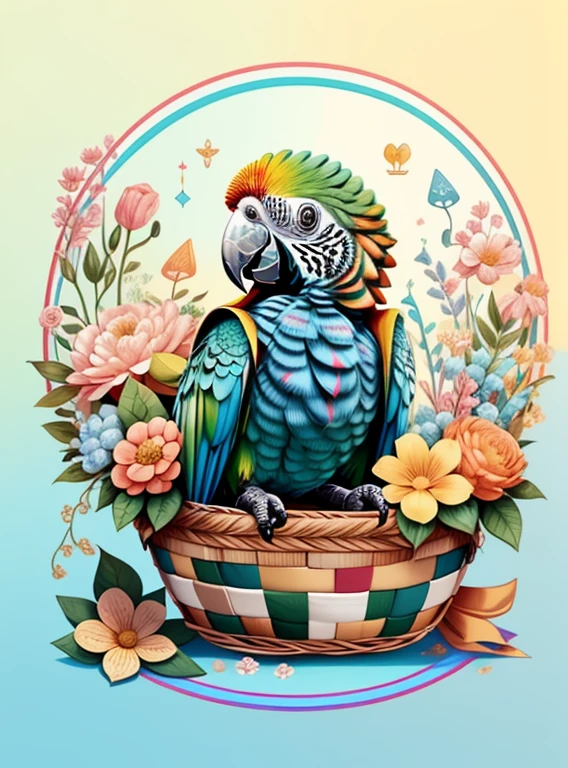 (cute baby parrot smiling in a beautiful basket with flowers), Munchkin  ,Geometric multidimensional wall portrait, livro de arte, Tchibi,
Yang08k, Beautiful, Colouring,
Obras, of the highest quality, best quality, Arte Oficial, Beautiful and Aesthetic,
