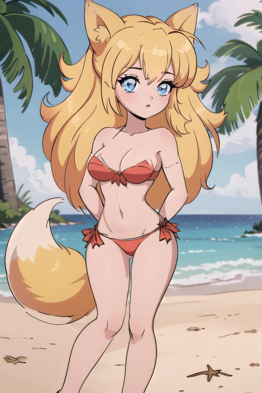 Beautiful 1girl, full body, teenager, solo, (very long waist length blonde hair, straight blonde hair: 1.28), ((light blue eyes)), clear skin, (large darker fox ears: 1.35), pale skin, medium breasts, cleavage, (thin hips, thin waist , athletic body: 1.25), background, looking away,, revealing clothes, (wearing only a bikini: 1.5), (groping chest: 1.37), (sandy beach: 1.1), 4k textures, soft light, elegant, highly detailed, sharp focus, soothing tones,