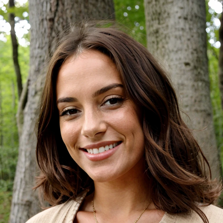 belle femme, brune, cheveux longs, Head up, souriante, woods
