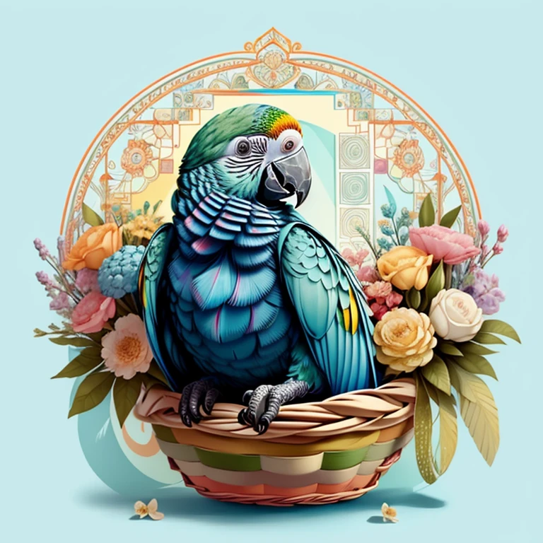 (cute baby parrot smiling in a beautiful basket with flowers), Munchkin ,Geometric multidimensional wall portrait, livro de arte, Tchibi,
Yang08k, Beautiful, Colouring,
Obras, of the highest quality, best quality, Arte Oficial, Beautiful and Aesthetic,