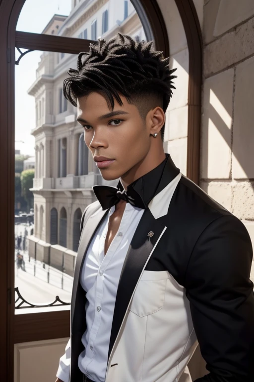 Jeune homme métis, très beau, cheveux et noirs bouclés, environ 15 ans, ressemblant à Rome Flynn, yeux bleu lagon, cheveux bouclés, style Rome Flynn, cheveux noirs bouclés, très belle, peau noire, Très détaillé, fond blanc, jeune, svelte, pas musclé, mince, en chemise blanche, de face