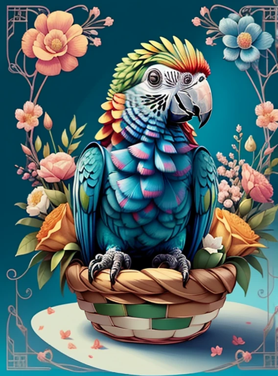 (cute baby parrot smiling in a beautiful basket with flowers), Munchkin ,Geometric multidimensional wall portrait, livro de arte, Tchibi,
Yang08k, Beautiful, Colouring,
Obras, of the highest quality, best quality, Arte Oficial, Beautiful and Aesthetic,