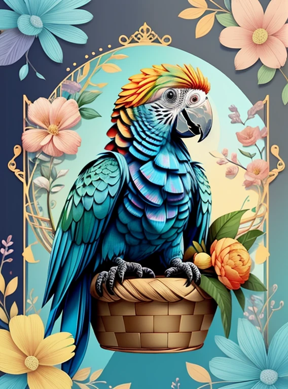 (cute baby parrot smiling in a beautiful basket with flowers), Munchkin ,Geometric multidimensional wall portrait, livro de arte, Tchibi,
Yang08k, Beautiful, Colouring,
Obras, of the highest quality, best quality, Arte Oficial, Beautiful and Aesthetic,