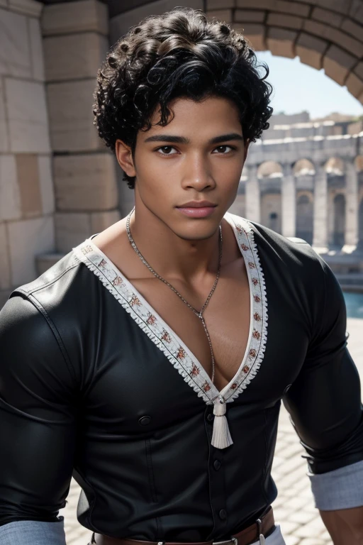 Young Métis Man, very beautiful, cheveux et noirs bouclés, environ 15 ans, resembling Rome Flynn, yeux bleu lagon, curly hair, style Rome Flynn, black curly hair, very beautiful, peau noire, three beautiful métisses au sourire taquin, highly detailed, fond blanc, jeune, svelte, not too muscular, mince, en chemise blanche, de face, portrait