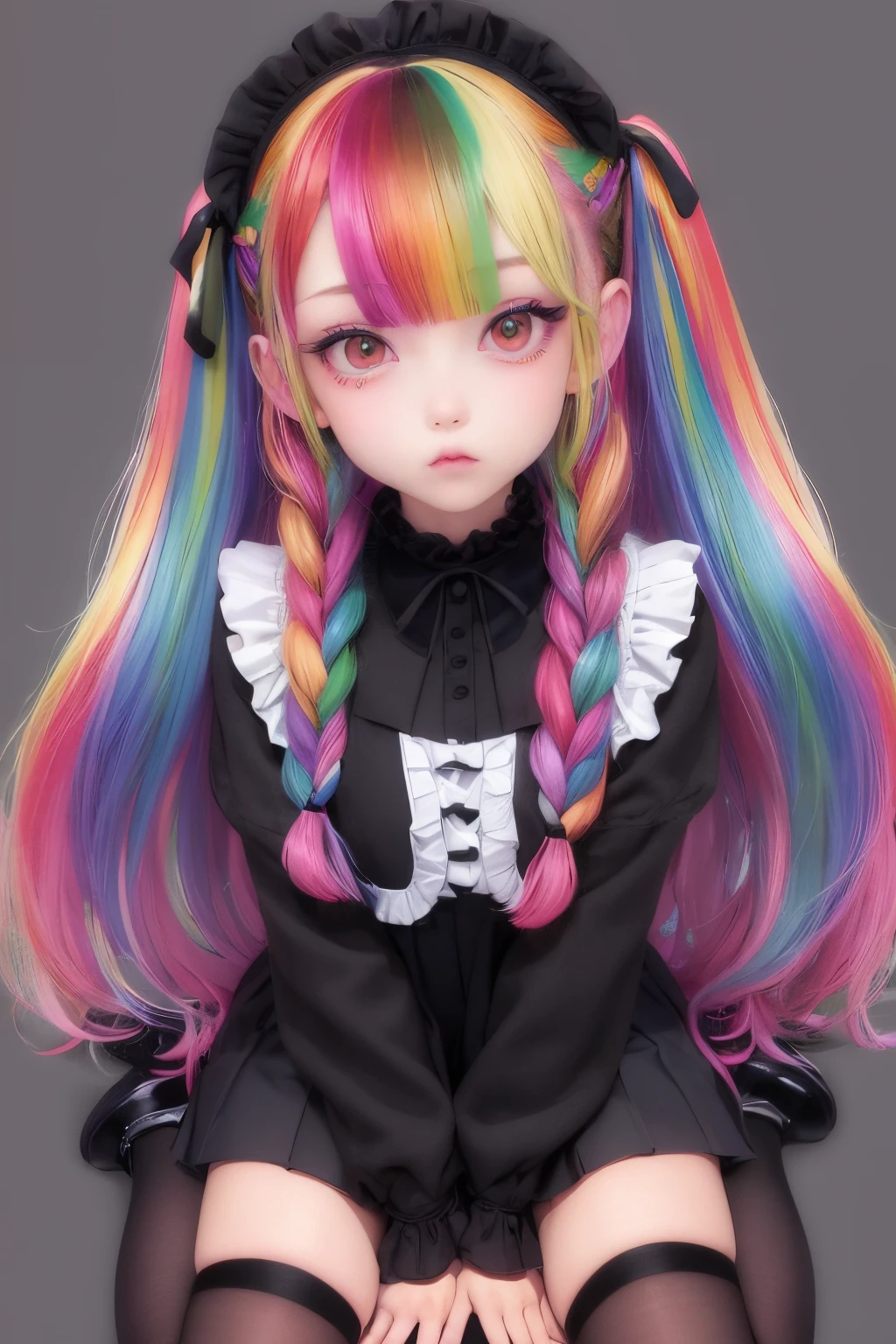 (Best Quality,8K,hight resolution,masutepiece:1.3),hight resolution、1girl in、Detailed fingers、((Rainbow hair color))、BREAK twin braids,blunt bang、****ta fashion、ultra-detailed face、ultra-detailed eyes、full body、knee high socks、Black pumps、expressionless、(dark gray plain background)