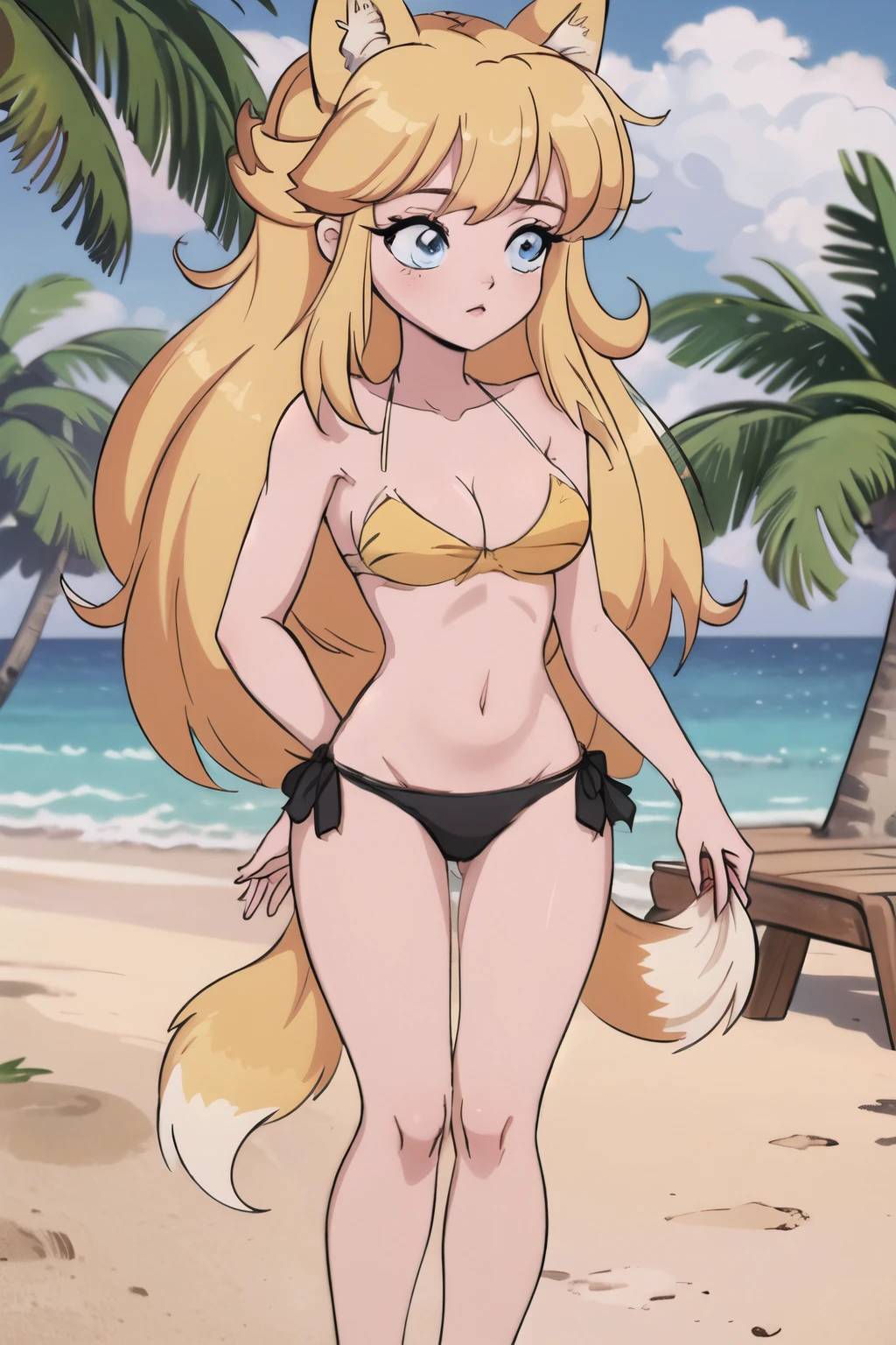 Beautiful 1girl, full body, ager, solo, (very long waist length blonde hair, straight blonde hair: 1.28), ((light blue eyes)), clear skin, (large darker fox ears: 1.35), pale skin, medium breasts, cleavage, (thin hips, thin waist , athletic body: 1.25), background, looking away,, revealing clothes, (wearing only a bikini: 1.5), (groping chest: 1.37), (sandy beach: 1.1), walking in sand, 4k textures, soft light, elegant, highly detailed, sharp focus, soothing tones,