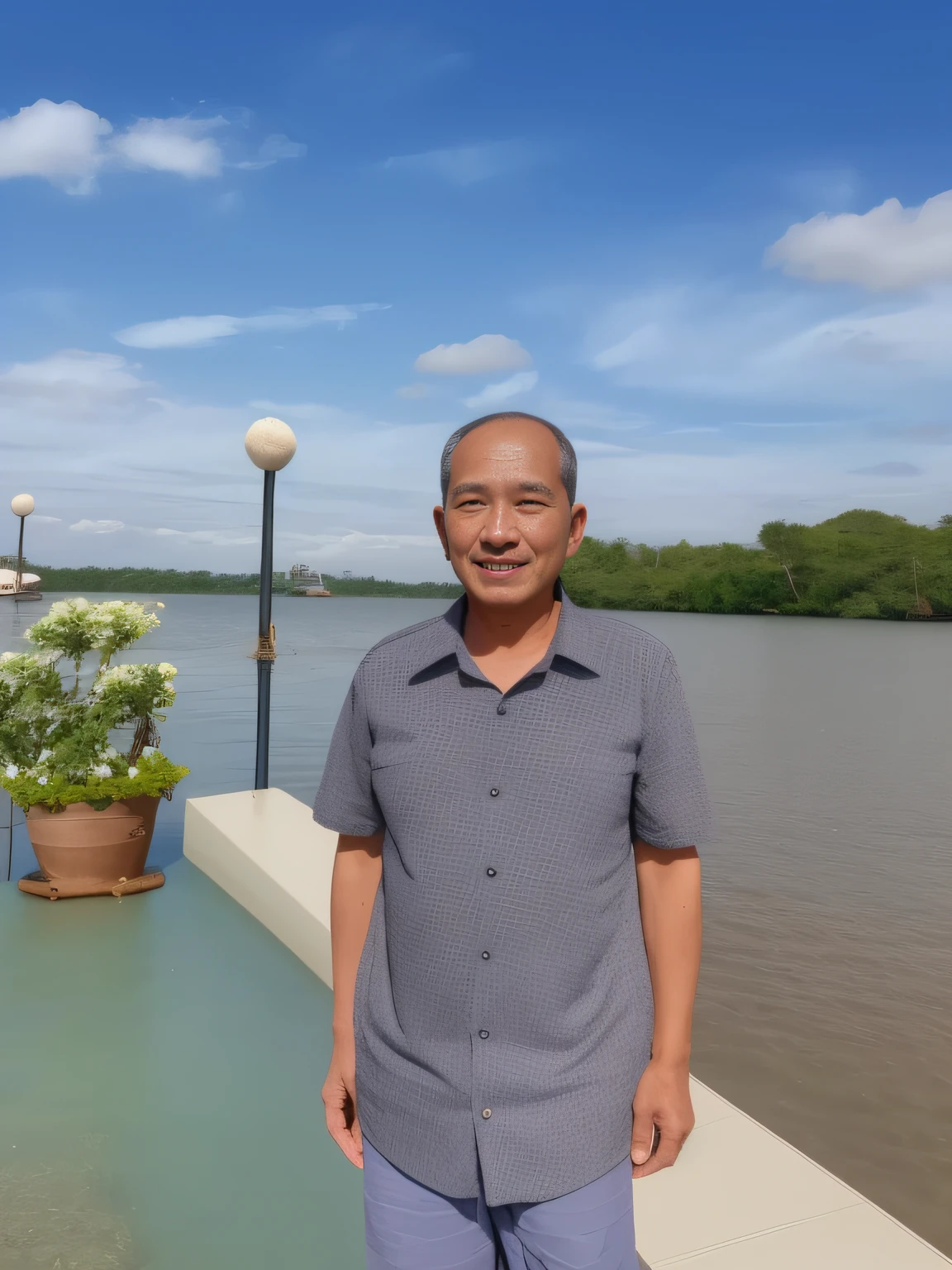arafed man standing on a dock next to a body of water, nivanh chanthara, he about 7 0 years old, he about 60 years old, he about 6 0 years old, he about 8 0 years old, thawan duchanee, bao pham, he about 50 years old