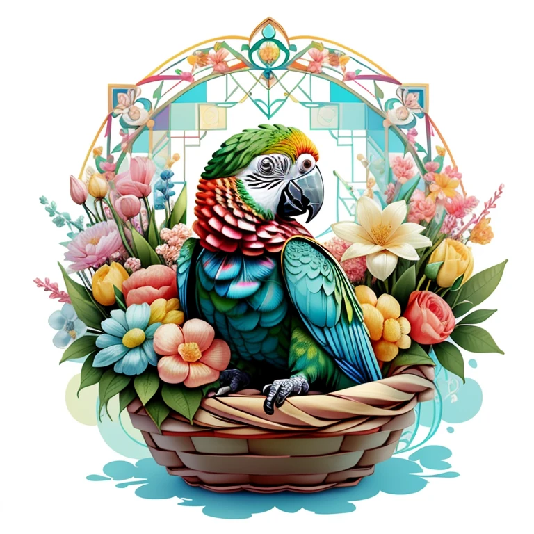 (cute baby parrot smiling in a beautiful basket with flowers), Munchkin ,Geometric multidimensional wall portrait, livro de arte, Tchibi,
Yang08k, Beautiful, Colouring,
Obras, of the highest quality, best quality, Arte Oficial, Beautiful and Aesthetic,
