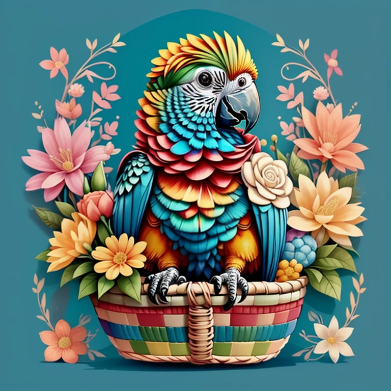 (cute baby parrot smiling in a beautiful basket with flowers), Munchkin ,Geometric multidimensional wall portrait, livro de arte, Tchibi,
Yang08k, Beautiful, Colouring,
Obras, of the highest quality, best quality, Arte Oficial, Beautiful and Aesthetic,