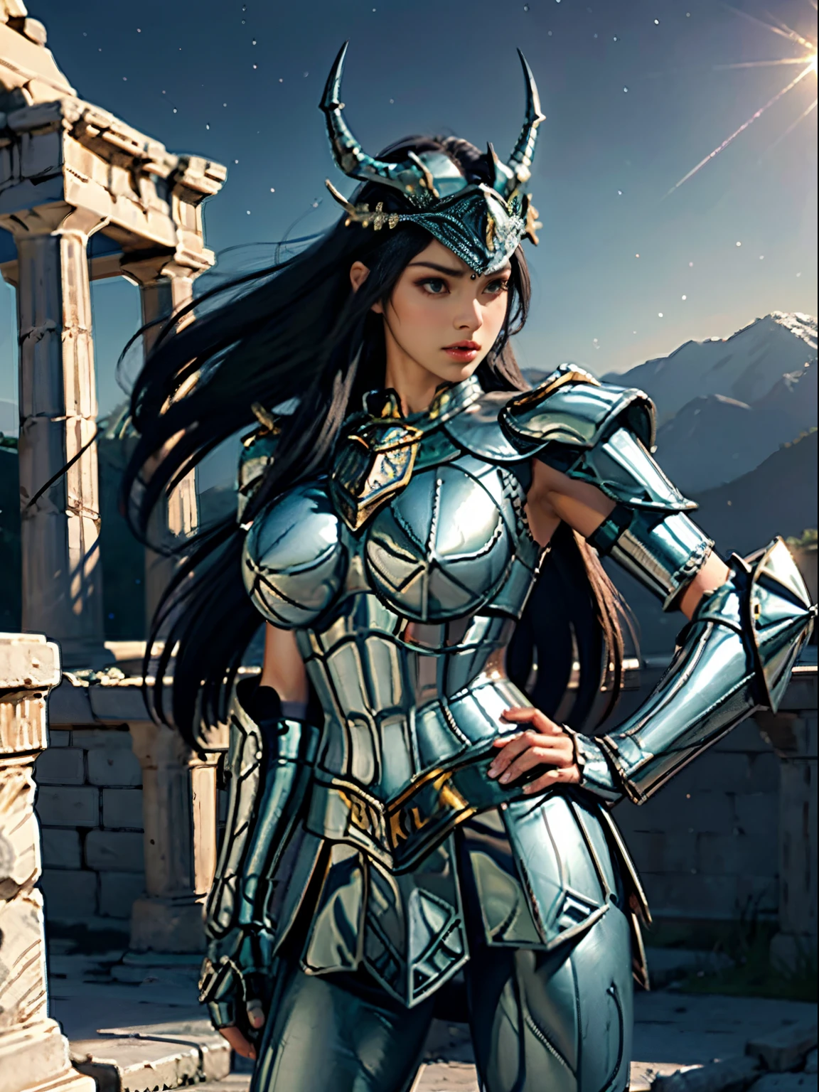 masterpiece, best quality, ultra high res, realistic skin texture, armature, (photorealistic:1.4), high resolution, raw photo, shiny skin, realistic skin texture, best lighting, sparkle, dramatic lighting, dynamic pose, (greek temple background:1.3), night sky, cosmos, milky way, 1girl, (medium breast:1.1), balanced eyes, Dragon Shiryu wearing green silver armor, purple pants, purple short sleeve shirt, wearing dragon helmet, roman skirt plate, (breast plate:1.5), very long hair, shield, cleavage,