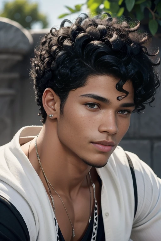 Young Métis Man, very beautiful, cheveux et noirs bouclés, 15 ans, resembling Rome Flynn, yeux bleu lagon, curly hair, style Rome Flynn, black curly hair, very beautiful, peau noire, three beautiful métisses au sourire taquin, highly detailed, fond blanc, jeune, svelte, not too muscular, mince, en chemise blanche, de face, portrait