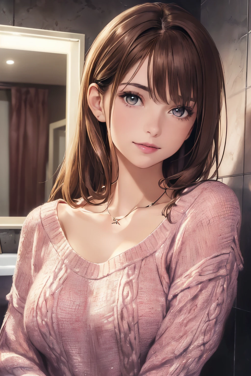 ((night、realistic light、highest quality、8K、masterpiece: 1.3))、1 girl、slim beauty: 1.4、(brown hair、medium breasts: 1.3)、Pink long sweater: 1.1、Bathroom、extra thin face、delicate eyes、 double eyelid、smile、necklace、brown eyes