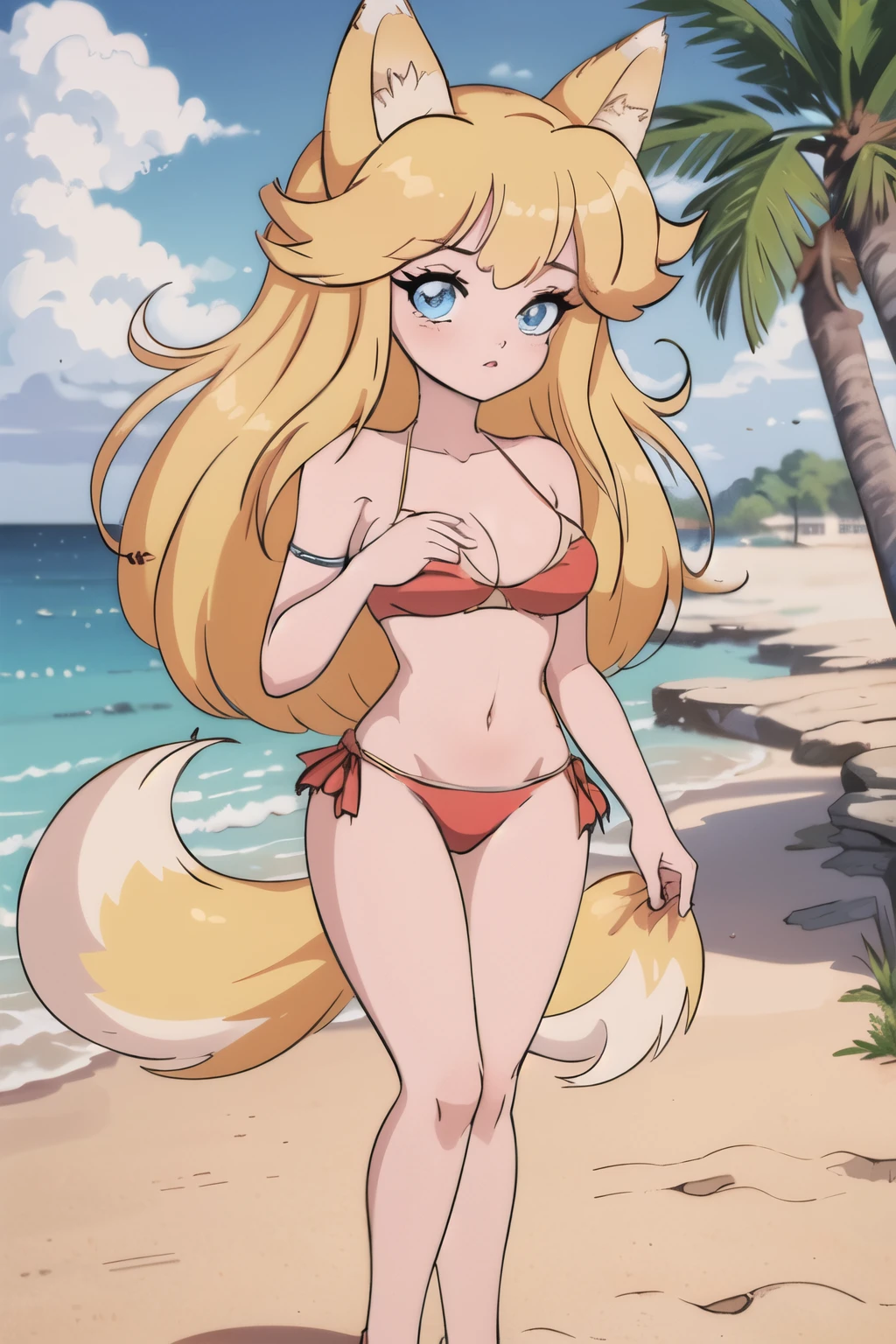 Beautiful 1girl, full body, ager, solo, (very long waist length blonde hair, straight blonde hair: 1.28), ((light blue eyes)), clear skin, (large darker fox ears: 1.35), pale skin, medium breasts, cleavage, (thin hips, thin waist , athletic body: 1.25), background, looking away,, revealing clothes, (wearing only a bikini: 1.5), (groping chest: 1.37), (sandy beach: 1.1), walking in sand, 4k textures, soft light, elegant, highly detailed, sharp focus, soothing tones,