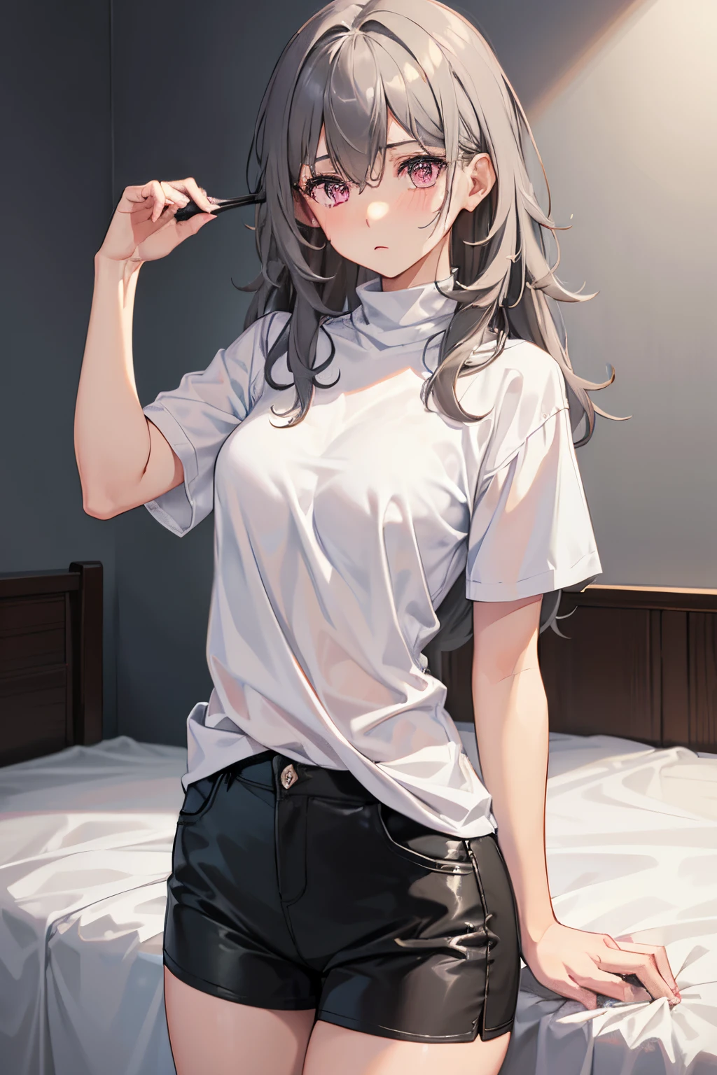 1girl, medium breasts, kuudere, blank expression, no blush, dark grey hair, messy hair, long hair, pink eyes, black turtleneck under a white short sleeve shirt, black shorts, cowboy shot, detailed eyes, stelle