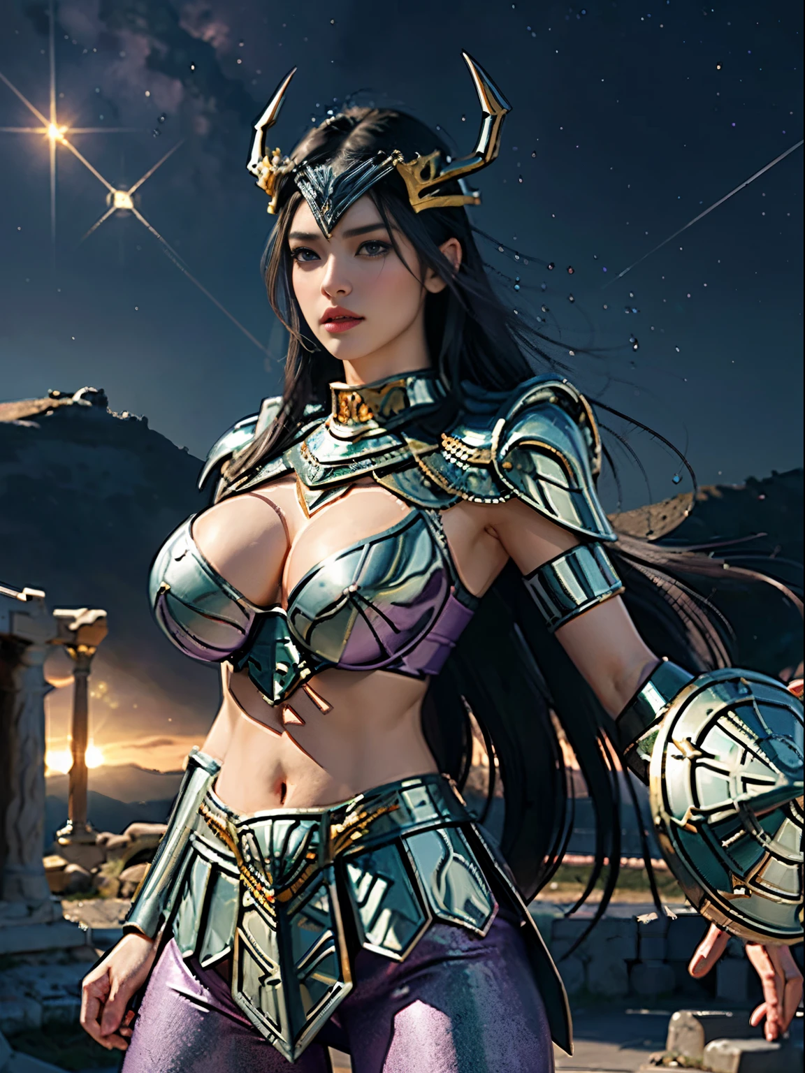 masterpiece, best quality, ultra high res, realistic skin texture, armature, (photorealistic:1.4), high resolution, raw photo, shiny skin, realistic skin texture, best lighting, sparkle, dramatic lighting, dynamic pose, (greek temple background:1.3), night sky, cosmos, milky way, 1girl, (medium breast:1.1), balanced eyes, Dragon Shiryu wearing green silver armor, purple pants, purple short sleeve shirt, wearing dragon helmet, roman skirt plate, (breast plate:1.5), very long hair, shield, cleavage,