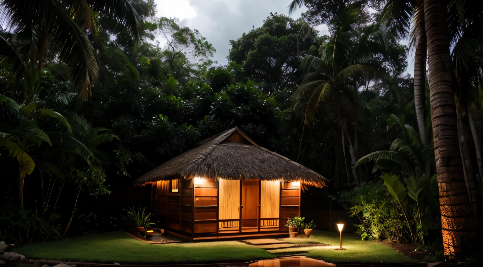 uma cabana com janelas iluminadas no meio de uma floresta tropical, em um dia de chuva forte, with overcast skies, and rain-soaked vegetation