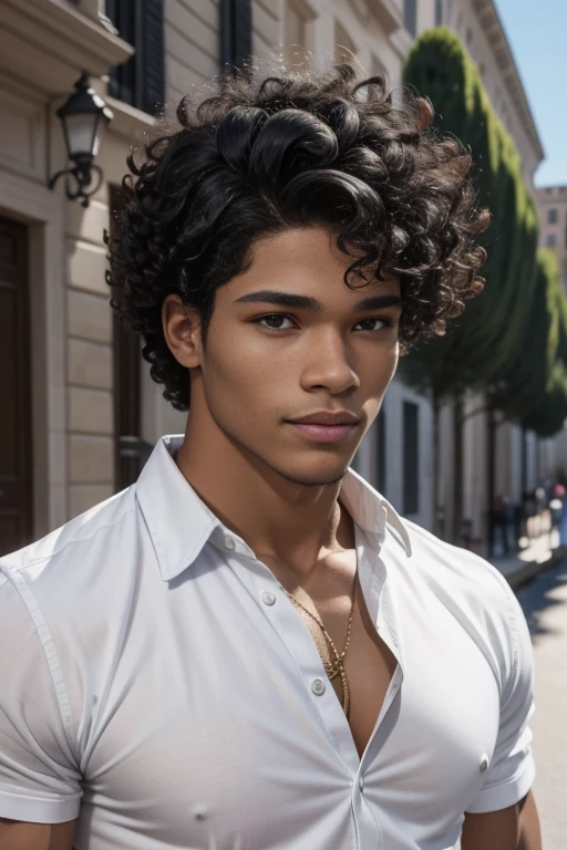 Young Métis Man, very beautiful, cheveux et noirs bouclés, ans, resembling Rome Flynn, yeux bleu lagon, curly hair, style Rome Flynn, black curly hair, very beautiful, peau noire, three beautiful métisses au sourire taquin, highly detailed, fond blanc, jeune, svelte, not too muscular, mince, en chemise blanche, face, portrait