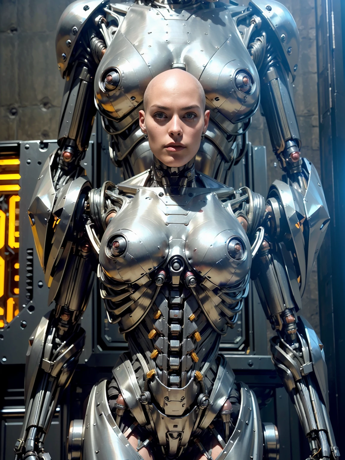 (beautiful borg queen:1.25), (1 girl), (metallic muscle armor:1.5), (no hair), (bald head covered in cables:1.5), (robotic mechanical physique:1.5), (super muscular cyborg:1.5), (covered in cables and mechanical muscles:1.5), (android muscular anatomy:1.5), (megan-fox:1.5), (perfect fingers:1.25),(8k, RAW photo, photorealistic:1.25), sci fi atmosphere, futuristic dystopia, alien landscape,