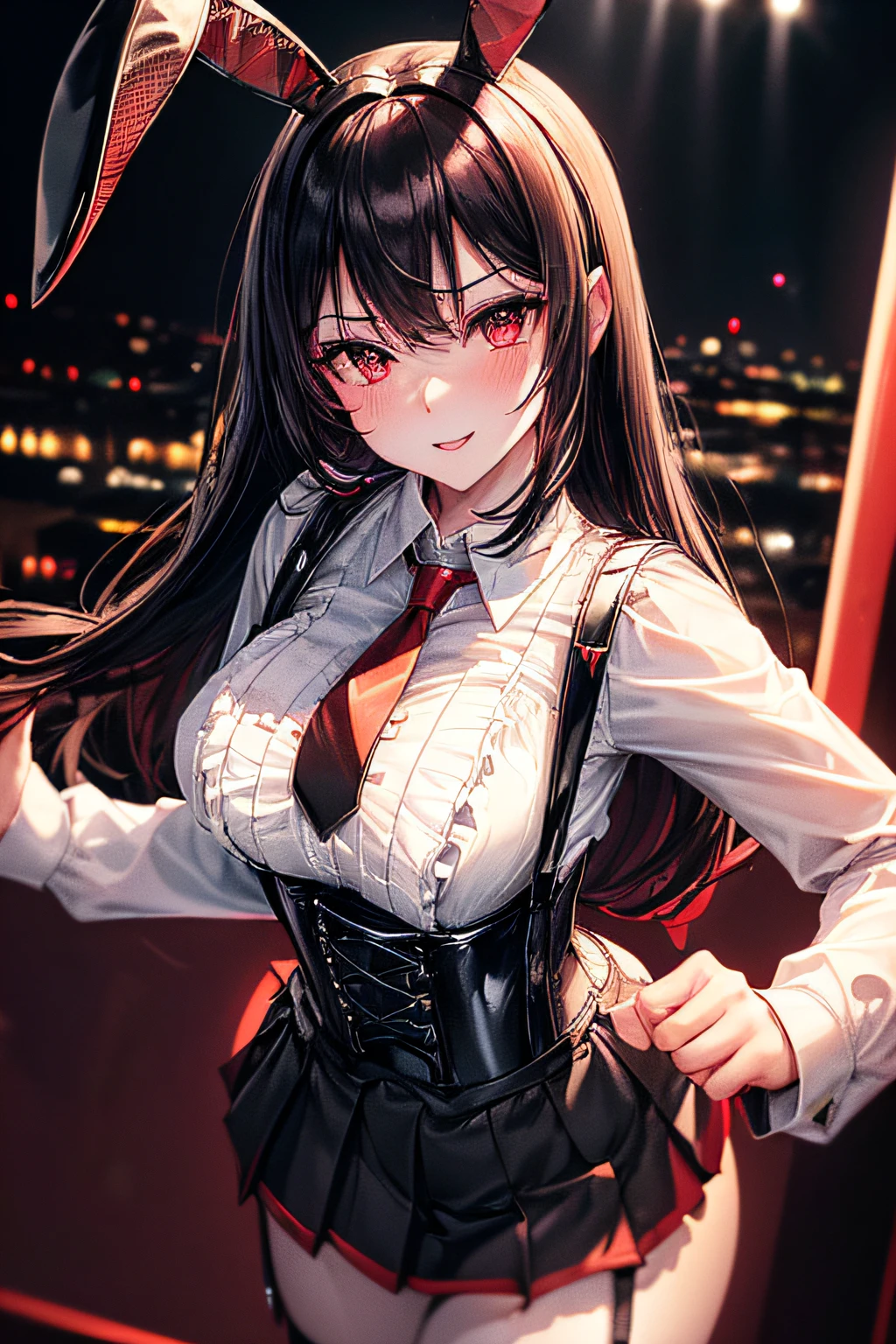 ((worst quality, low-quality)), ((a closeup)), (girl with:1.2), (A dark-haired, short-cut:1.3), (Dynamic Pose:1.2),plump shiny lips, Beautiful clear eyes, (The best smile), Spoken Heart, (perfect hand:1.2), (Black and white theme:1.4), (black fake rabbit ears:1.3), (A fusion of a white collared long-sleeved shirt and a black corset with suspenders.:1.5), (Black fishnet stockings:1.3), (high-heels:1.1), (Red Theme:1.3), (Red tie:1.4), (Red pleated skirt:1.4), (Illuminated light:1.4), ((sleepless night downtown background)), low  angle shot, masutepiece,Best Quality,ultra-detailliert, ​masterpiece,