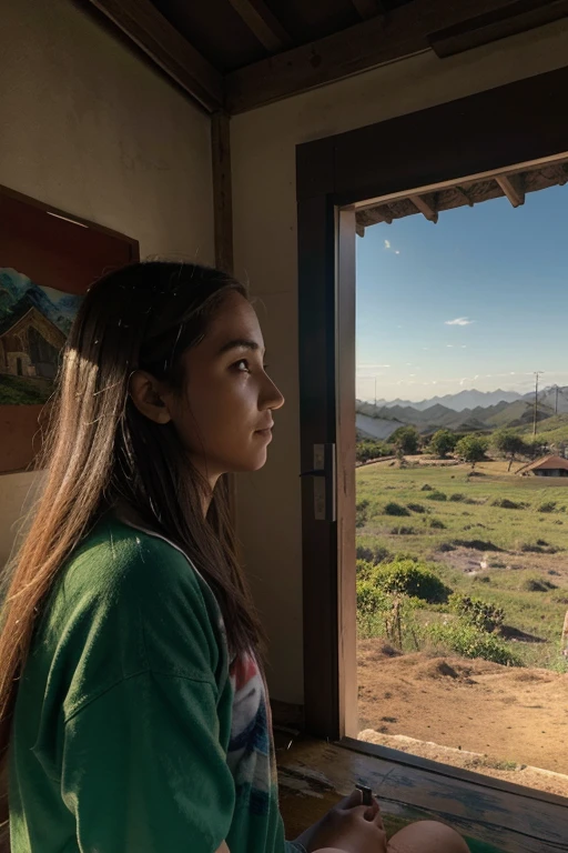 m desenho colorido como pintura a mao em formato de almanaque de um campo com riacho, montanha, um por do sol, uma casa na montanha vista de longe e um caminho que mostre que voce esta voltando para a natureza, sua raiz