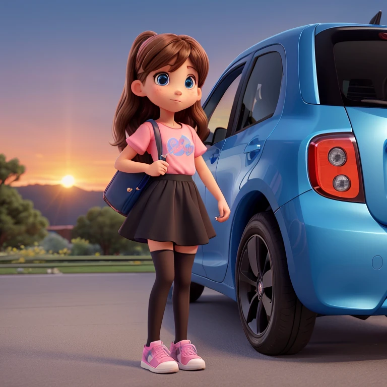 Girl, normal posture. Middle lenght brown hair. Beautiful blue eyes, cute nose with septem piercing. Wearing a sparkling black dress with skintone panty hose, pink sneakers. Standing in front of an black Toyota iQ. In the c lovely sunset with the most beautiful sky.