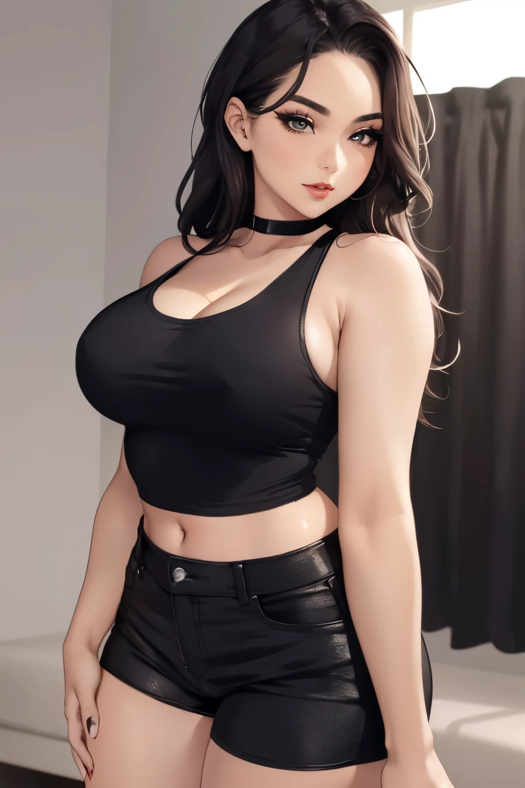 Close up shot of a sultry, stunning woman with a captivating gaze and flawless makeup, childhood best friend glowing up, accentuated by her black tank top and black short shorts, showcasing her alluring figure with thick thighs and wide hips, exuding a provocative aura.