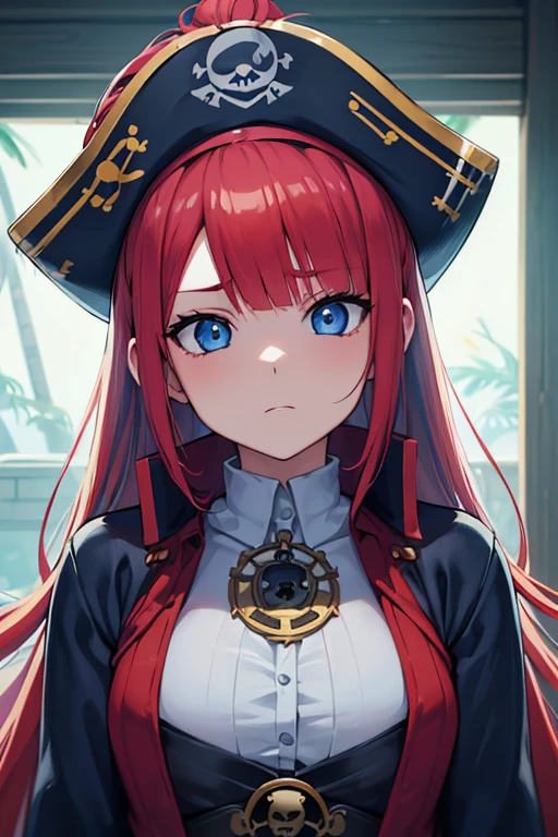 anime, (((portrait of daw))), a woman, (((a red hair))), (((blue eyes))), (((female pirate)), 8k, unreal engine, octane render, by kyun, gamang, Yoon Gon-Ji, g.ho, gosonjak, shuroop, serious, domi, noah, trending on pixiv, fanbox, skeb, masterpiece, smooth soft skin, big dreamy eyes, beautiful intricate colored hair, symmetrical, anime wide eyes, soft lighting, concept art, digital painting, tropical island