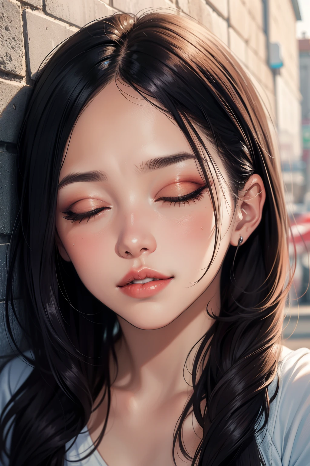 Close up shot of a woman who has closed her eyes and parted her perfect lips, blushing very hard, kissable face and lips, amazing makeup, against a wall