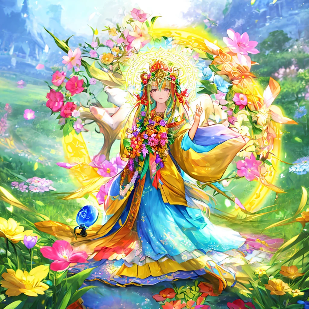 illustration of a goddess in a colorful dress surrounded by flowers, flower goddess, deity of spring, a goddess in a field of flowers, the goddess of summer, goddess of spring, digital illustration radiating, flower queen, dreamy psychedelic anime, she the center of the garden, official art, goddess of nature, radiating light from behind, madala of light and flowers behind her, magick circle of love, kalachakra