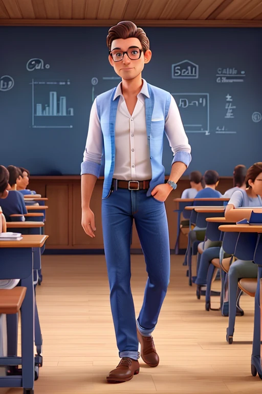 professor universitario, idade 45 anos, usando oculos, camisa social, jeans, em uma sala de aula moderna, aparencia fisica do alain delon, cabelos curtos