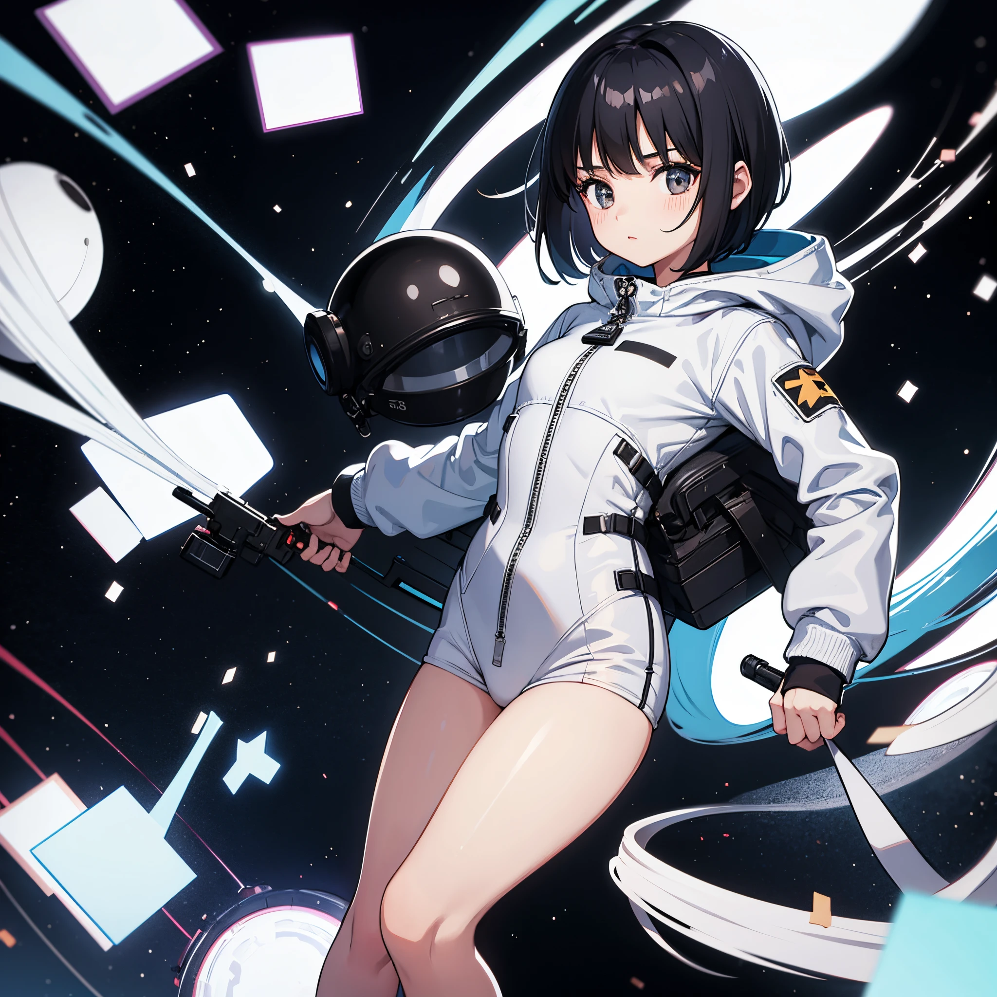 one girls , Young girl , black  hair , short hairstyle , ????? ??? , White spacesuit , Dark background