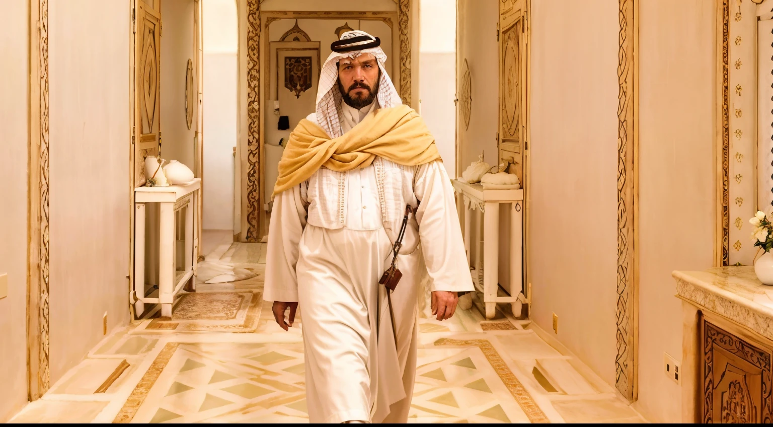 Araffe con un traje blanco y rosa caminando por un pasillo., jeque mohammad gobernante de dubai, jeque mohammed gobernante de dubai, haciendo alarde de su riqueza, majestuosa obra maestra, arab ameera al taweel, jeque, al amanecer, consejero delegado, Foto de tendencia, Febrero), Obra maestra, Foto de Instagram, obra maestra', inspirado por Sheikh Hamdullah, in his noble mansion