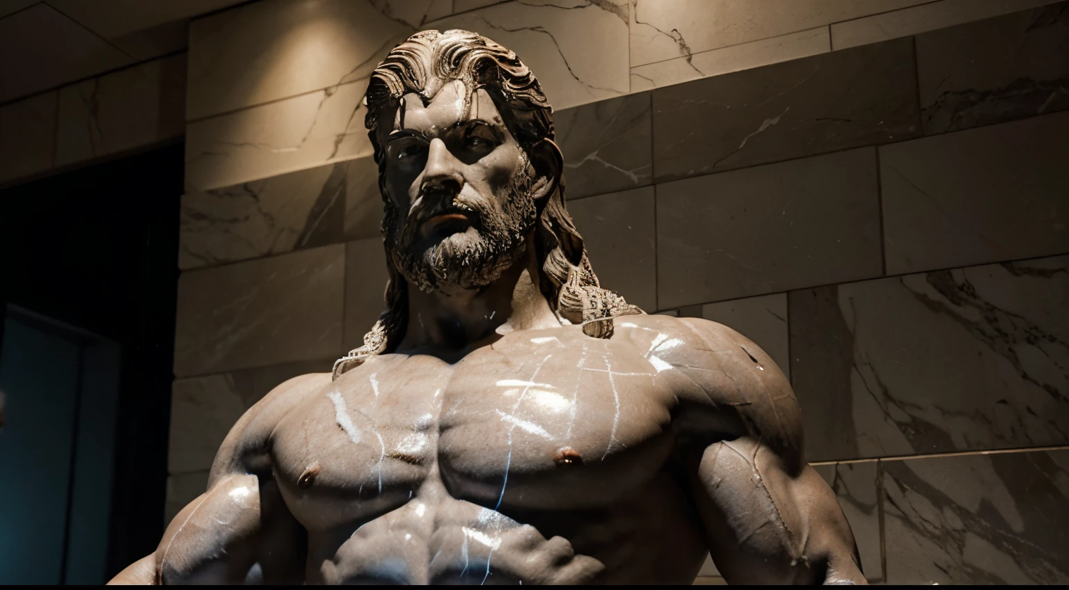 (a majestic,masterpiece:1.2),detailed marble sculpture of Zeus, defined muscles,wise expression,illuminated by highlighting lights, on a dark background