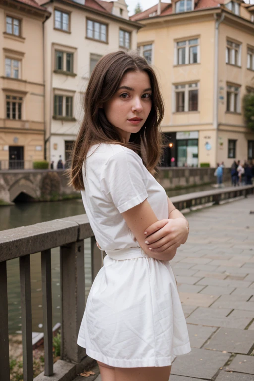 same girl in prague on bridge with white dress