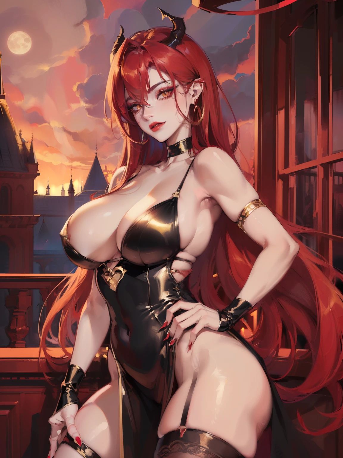 ((sexy queen of hell)) ((beautiful face)) ((evil smile)) ((red gloss lipstick)) ((very dark eyeshadows make up)) ((detailed eyes))((big bright yellow eyes)) ((very long messy light redhead hair)) ((sensual lips)) ((huge breast:1.3)) ((wide hips:1.4)) ((perfect slender body torso1.4)) (((wears dark fantasy very sexy long dark red dress with glowing gold ornament, showing pussy))) ((glowing gold crown, goat horns, devil tail, bat wings)) ((gold jewelry, choker, gold earrings, fishnet stocking)) ((queen posing sexy on dark twisted castle balcony, red sky, full moon))((high resolution:1.3)), (dynamic shadows)((photorealistic:1.5)) ((masterpiece:1.3)) (8k) (perfect face) ((best quality:1.4)) (perfect hands and eyes)((()))