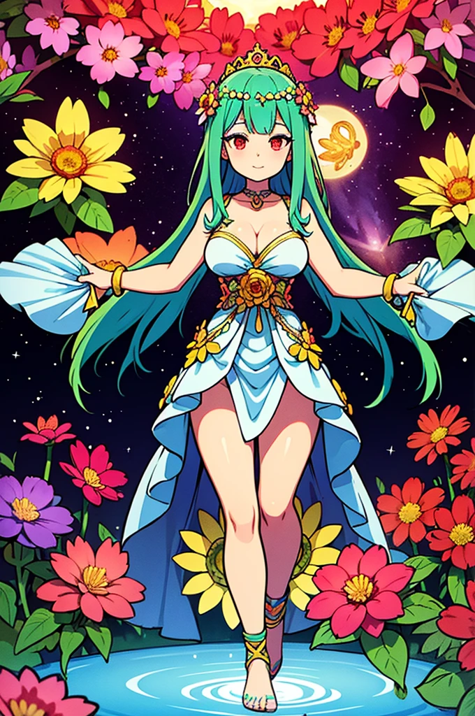 llustration of a goddess in a colorful dress surrounded by flowers, flower goddess, deity of spring, a goddess in a field of flowers, the goddess of summer, goddess of spring, digital illustration radiating, flower queen, dreamy psychedelic anime, she the center of the garden, official art, goddess of nature, radiating light from behind, madala of light and flowers behind her, magick circle of love, kalachakra, red eyes, long flower dress, green-blue hair, goddess of flowers, venusian goddess, solar goddess, dancing in a flower meadow, mandala of light behind her, kalachakra, magick circle background behind, heart-opening smile, golden crown made of flowers, green-blue hair, red eyes, light radiating from her heart, kobato anime style, psychedelic and dreamy, goddess of lovve