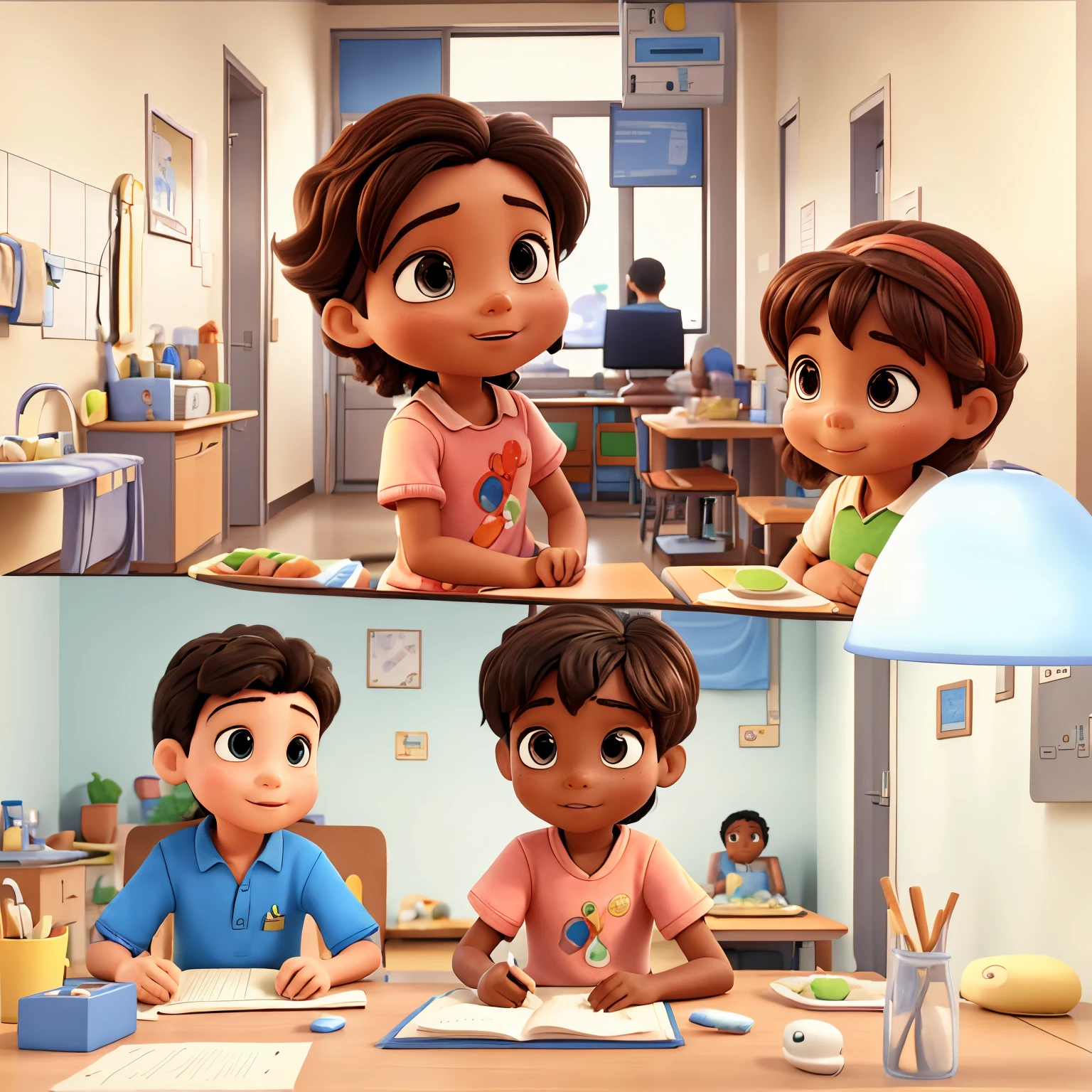 3 scenes in one: CHILDREN EATING, STUDYING,
GOING TO THE GOOD HOSPITAL, children of different ethnicities, 3d pixar art