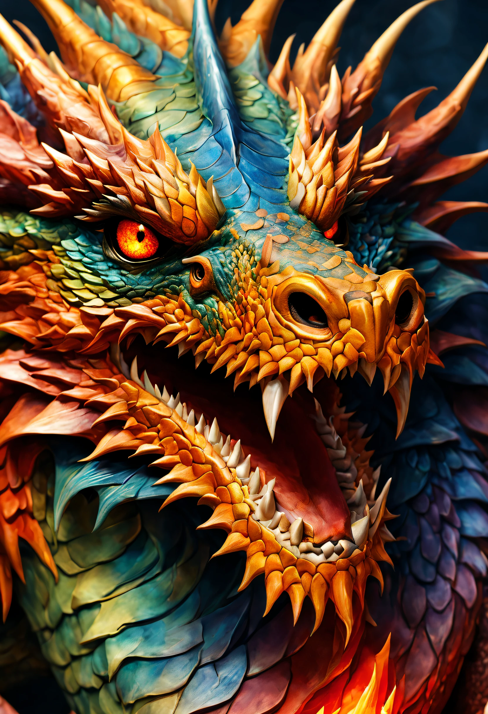 a close-up of the head of a magnificent, very detailed dragon, its scales are like multi-colored and fired. Her eyes are gorgeous and textured, lot of fire on it