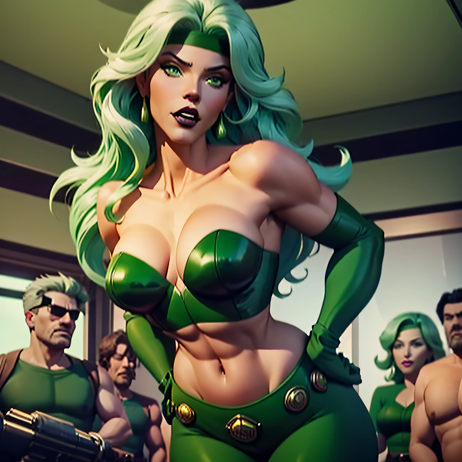 masterpiece, best quality, boots, gloves, pants, secret spy, looking at viewer, green hair, high leg, wavy hair, green eyes, muscular, She weak, she   chained to a column, she  standing and chain, she   being humiliated, a crowd looks at her, ancient coliseum,big chest, she  suffering in pain,(solo), detailed face, age 32, no spots,