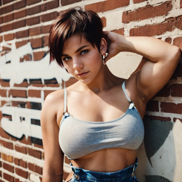 Photography by Suze Randell, beautiful 19 year old girl, short punk hairstyle, small tube top, (stressed clothing), muscular arms, athletic voluptuous body, big breasts, overalls, looking at camera, graffitied old brick wall, Hyperrealism, bloom, cowboy shot, UHD, best quality, highres, high details, 8k