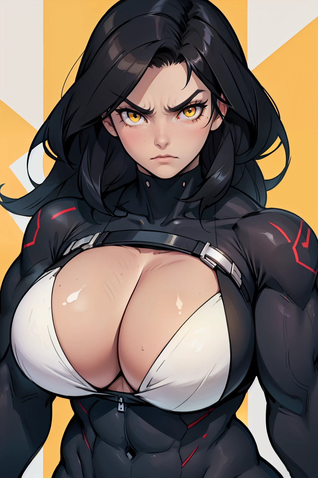 ((1 girl muscular)) black hair yellow eyes huge breasts frown pale skin thick